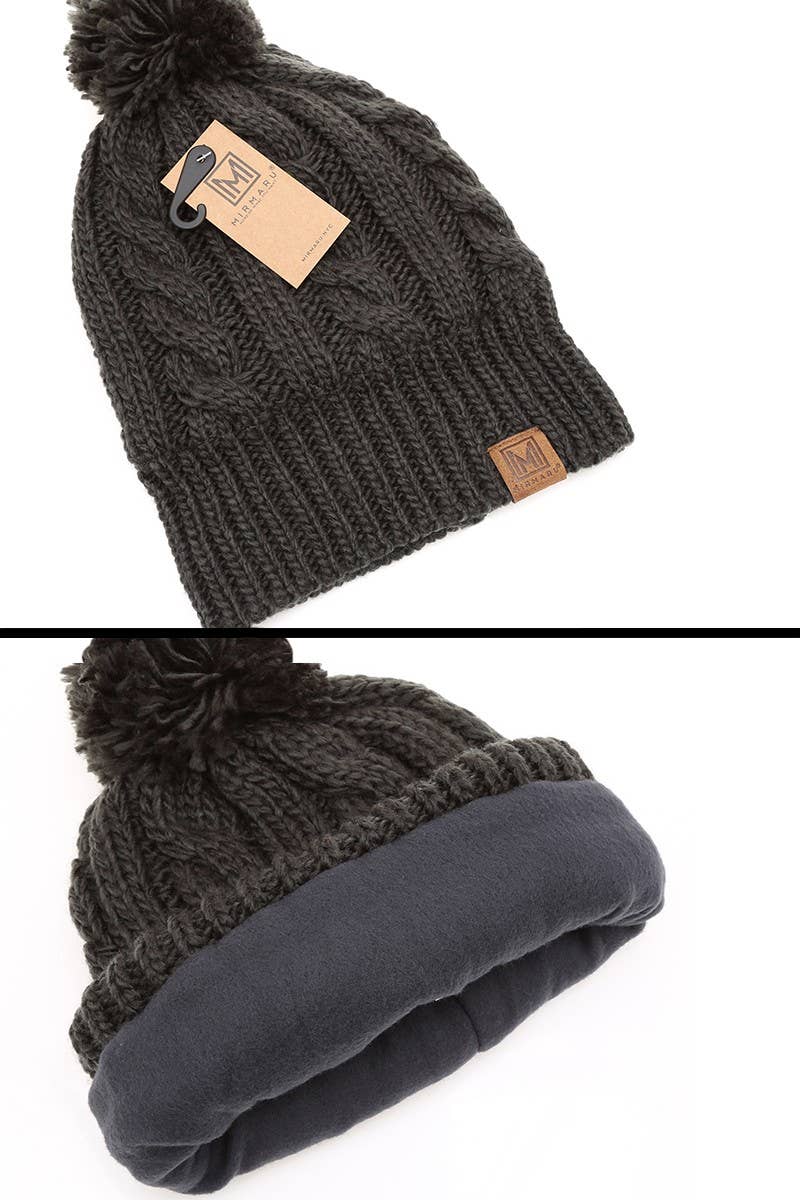 Winter Cable Knit Beanie Hat with Fleece Lining: Grey