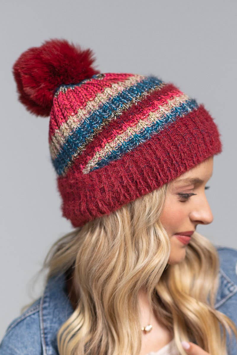 Metallic Striped Pompom Beanie (3 Color Options)