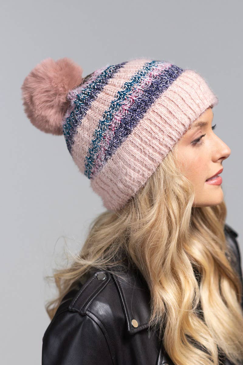 Metallic Striped Pompom Beanie (3 Color Options)