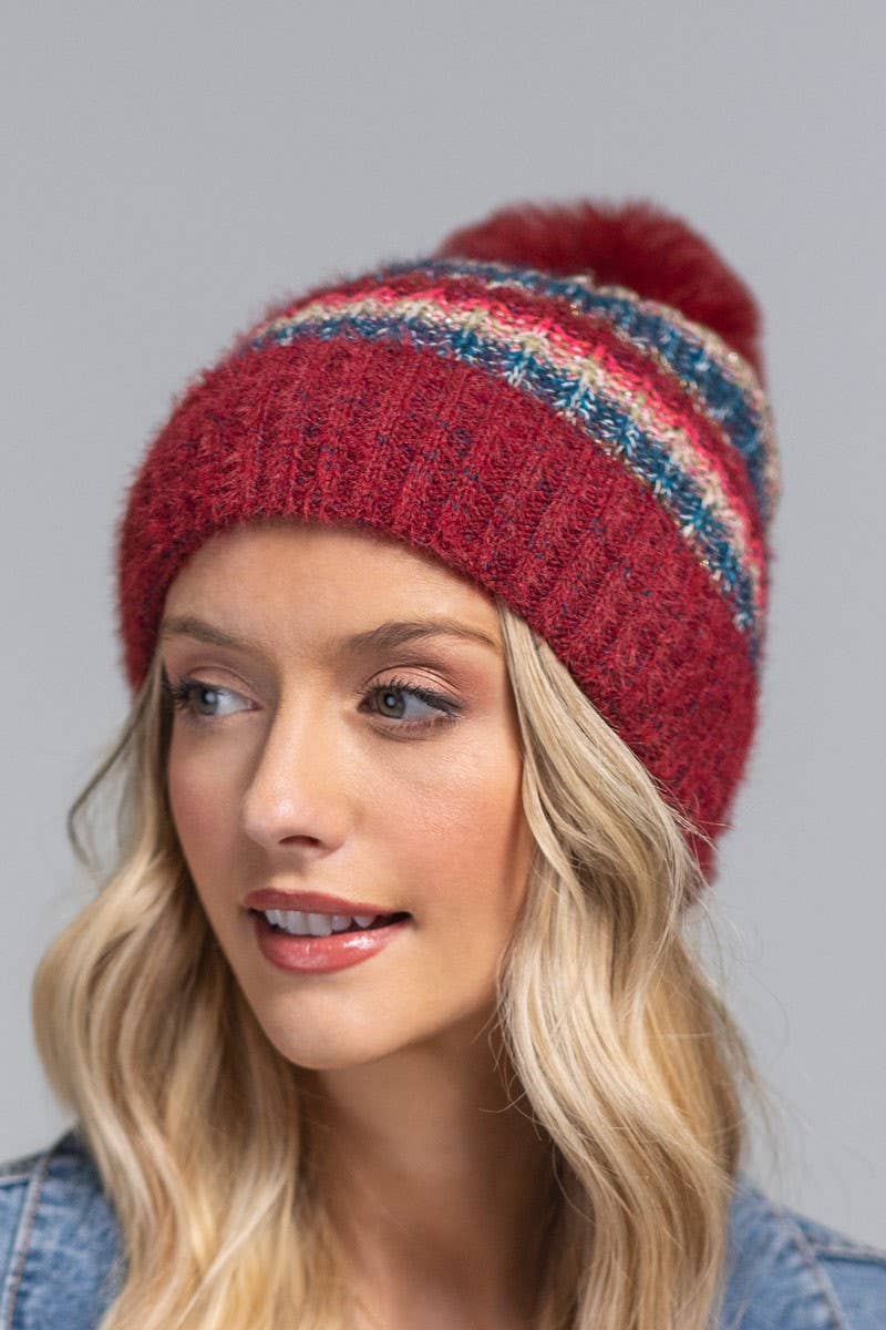 Metallic Striped Pompom Beanie (3 Color Options)