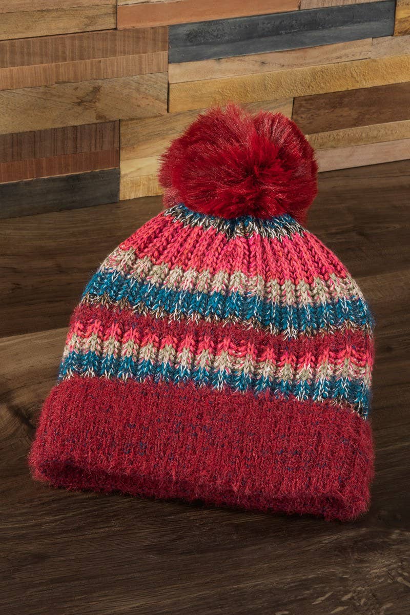 Metallic Striped Pompom Beanie (3 Color Options)