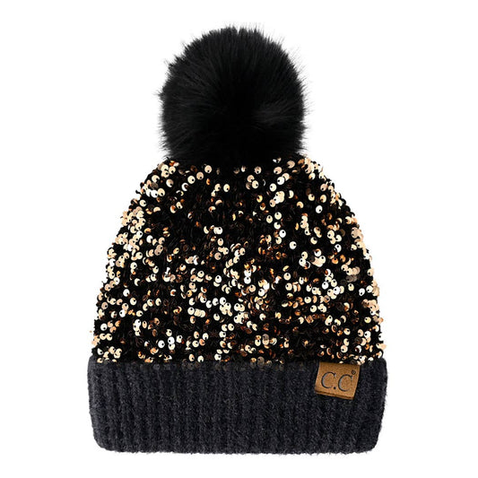 Glitter Sequined Cuff Beanie with Pom Pom: Gold