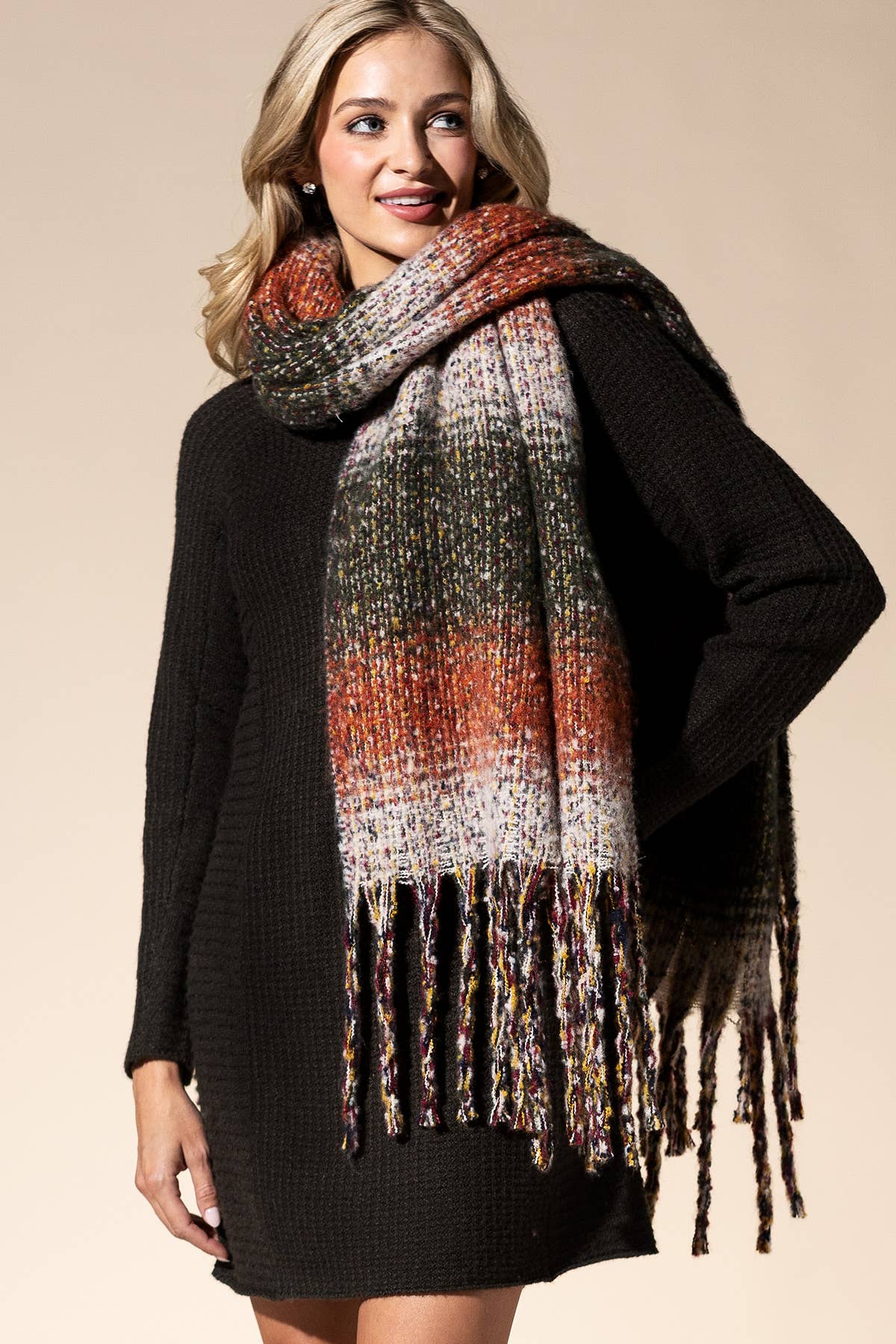 Plush Plaid Brushed Oblong Scarf: RUST