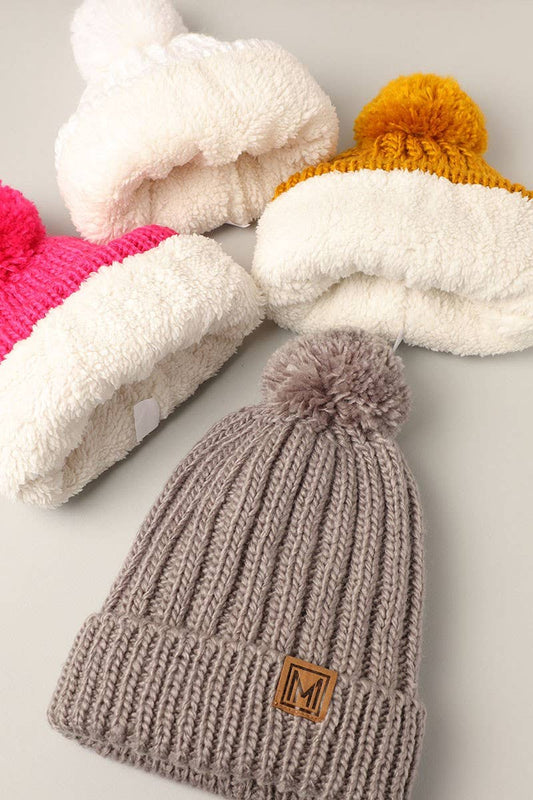 Winter Rib Knitted Sherpa Lined Pom Pom Beanie Hat: Purple