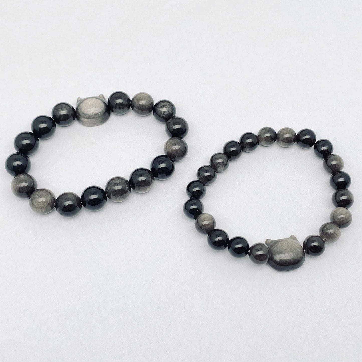 Silver Obsidian Beaded Cat Head Bracelet (Single Bracelet)