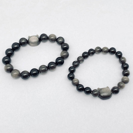 Silver Obsidian Beaded Cat Head Bracelet (Single Bracelet)