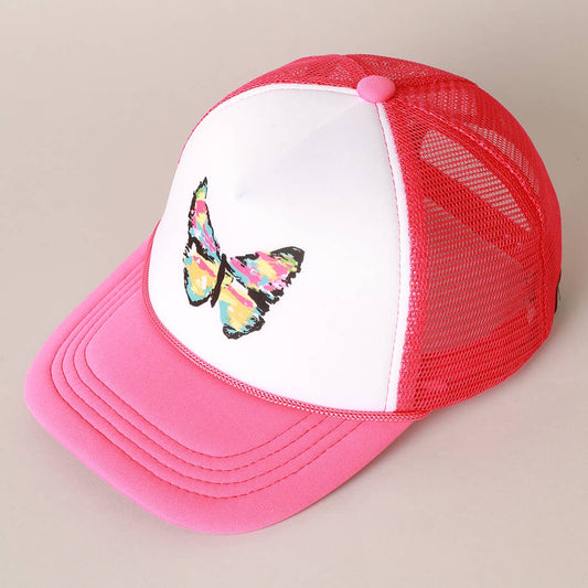 Hand-Painted Abstract Butterfly Trucker Cap (Hot Pink + Black)