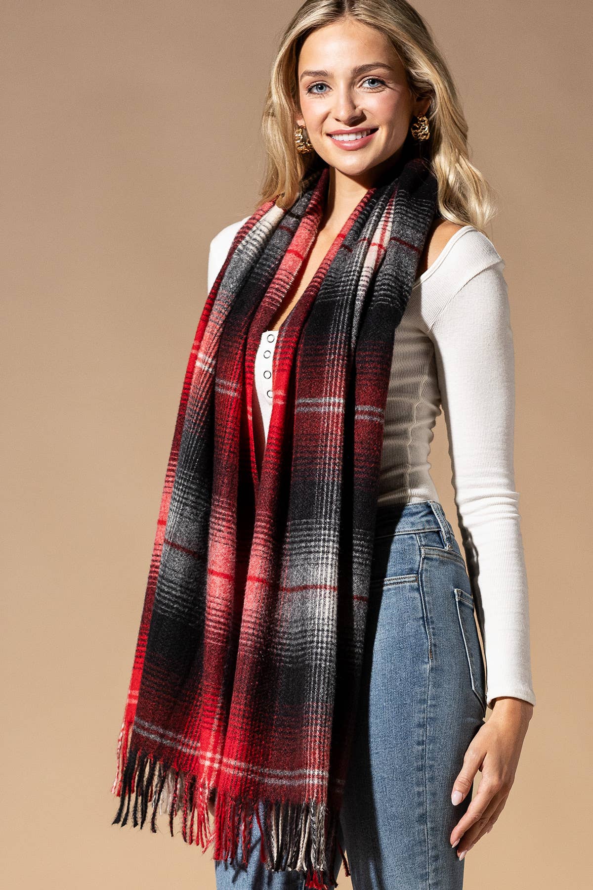 Plaid Fringe Oblong Scarf