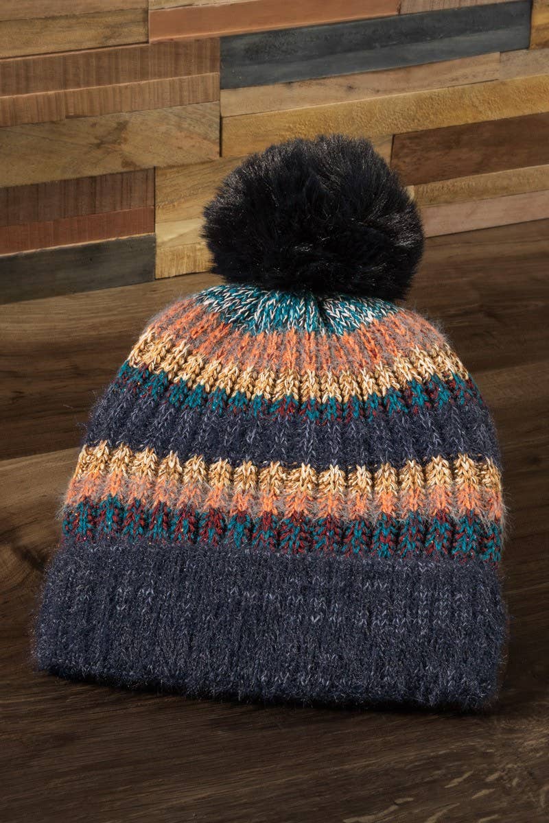Metallic Striped Pompom Beanie (3 Color Options)