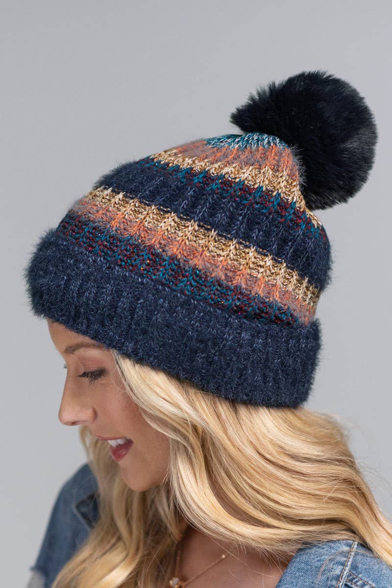Metallic Striped Pompom Beanie (3 Color Options)