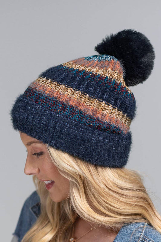 Metallic Striped Pompom Beanie (3 Color Options)