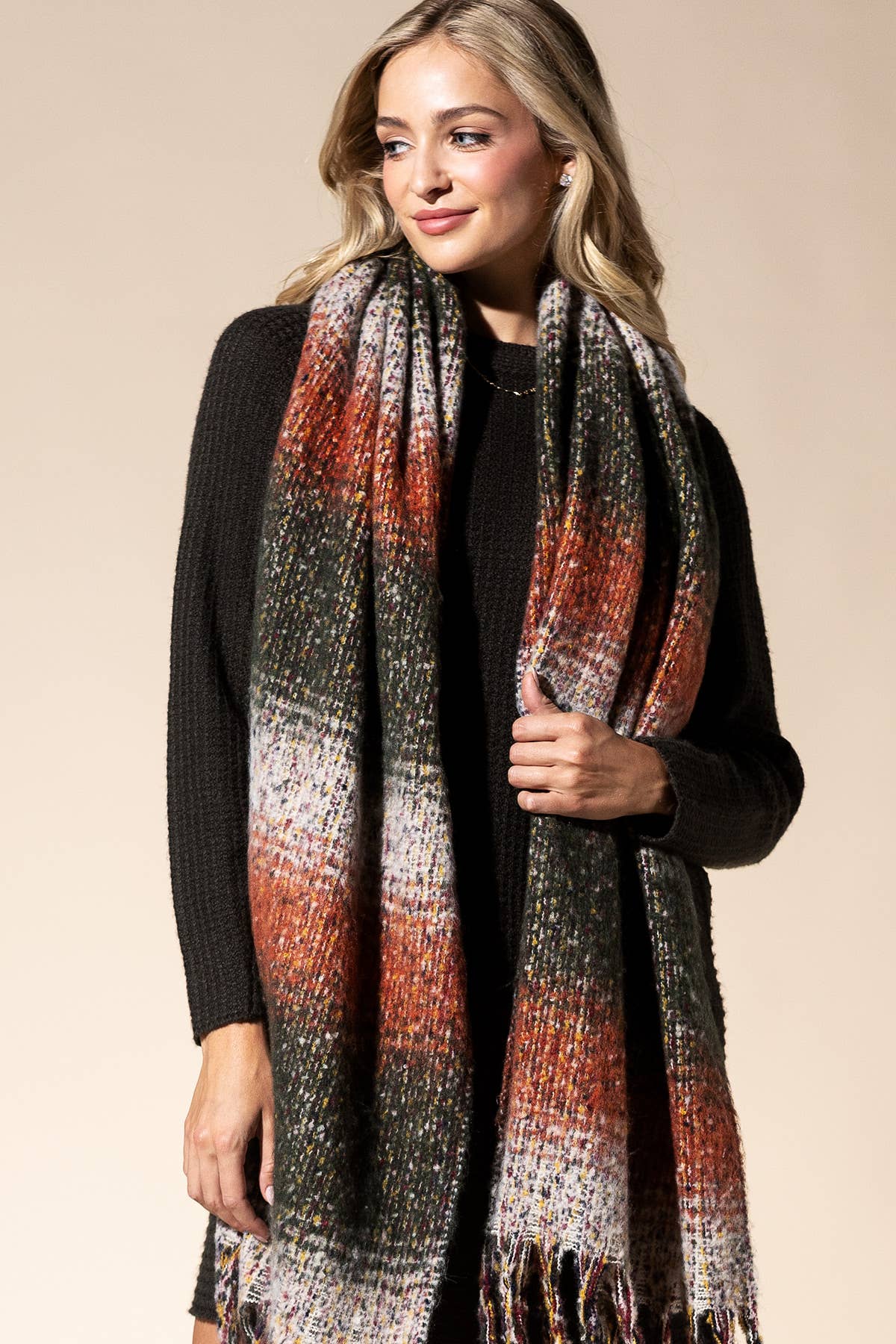 Plush Plaid Brushed Oblong Scarf: RUST