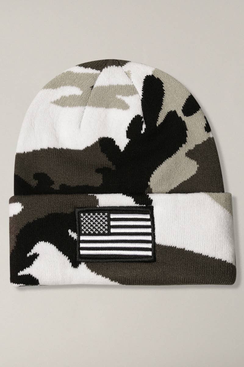 USA Flag Embroidery Patch Cuff Camo Beanie Hat: City Camo