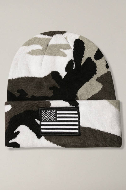 USA Flag Embroidery Patch Cuff Camo Beanie Hat: City Camo