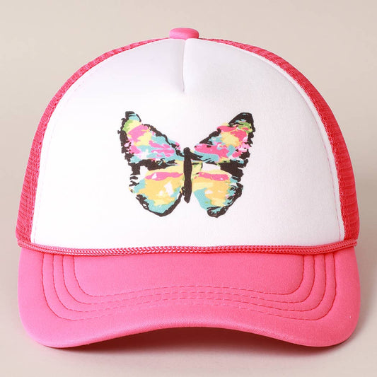 Hand-Painted Abstract Butterfly Trucker Cap (Hot Pink + Black)