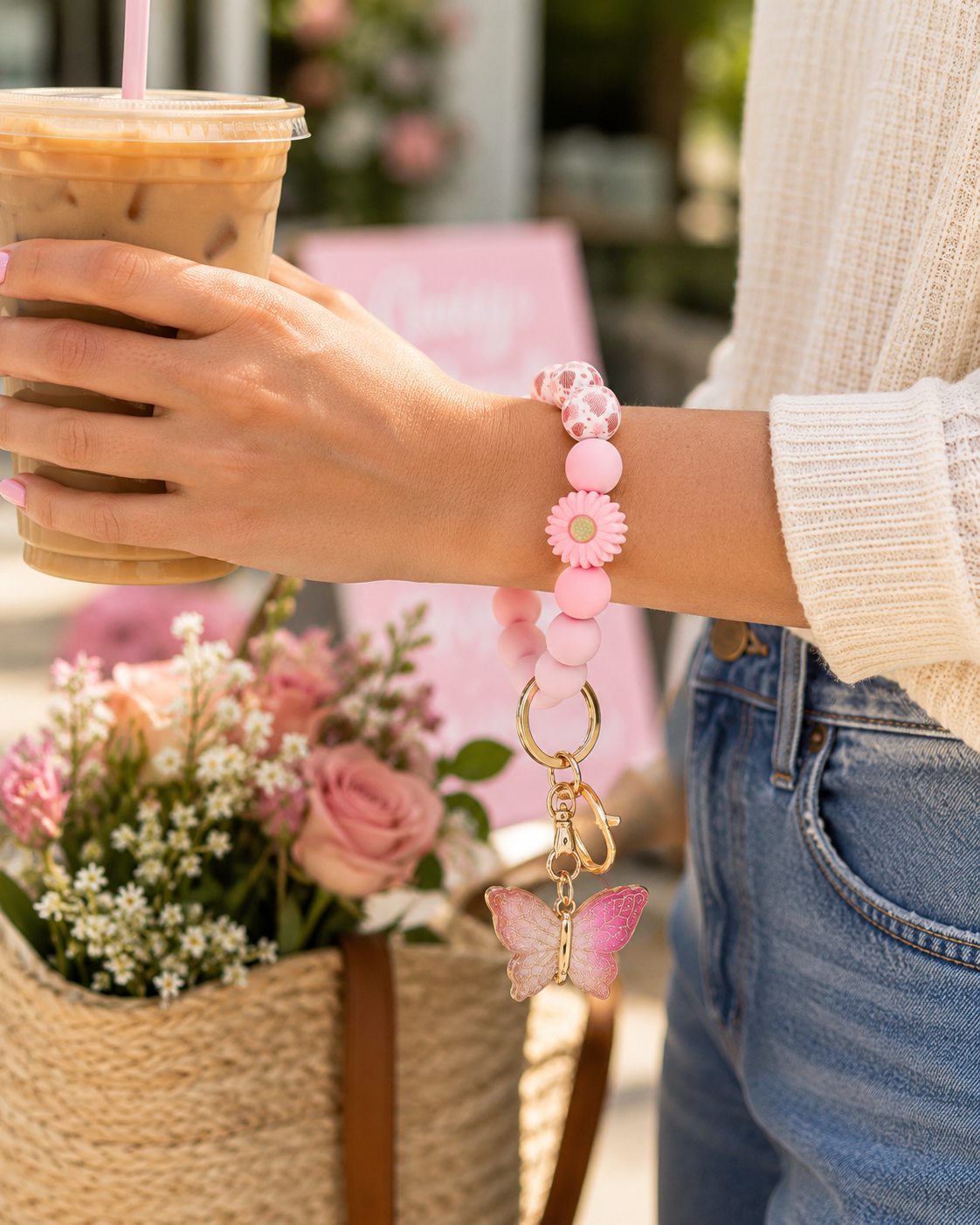 Silicone Bead Bracelet Keychain with Butterfly Charm