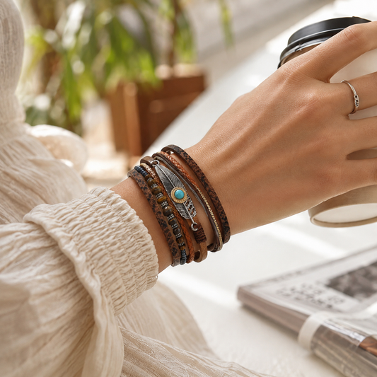 Bohemian Feather Magnetic Faux Leather Wrap Bracelet