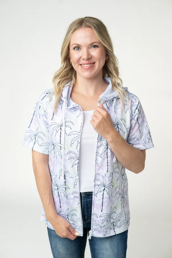 Short Sleeve Hoodie - Neon Palm Trees