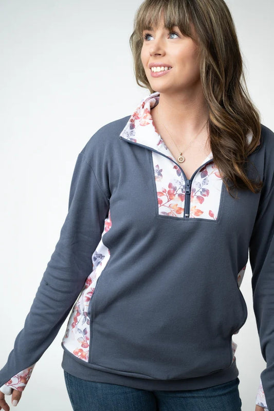 Rowan Zip Pullover - Slate Blue and Autumn Watercolor