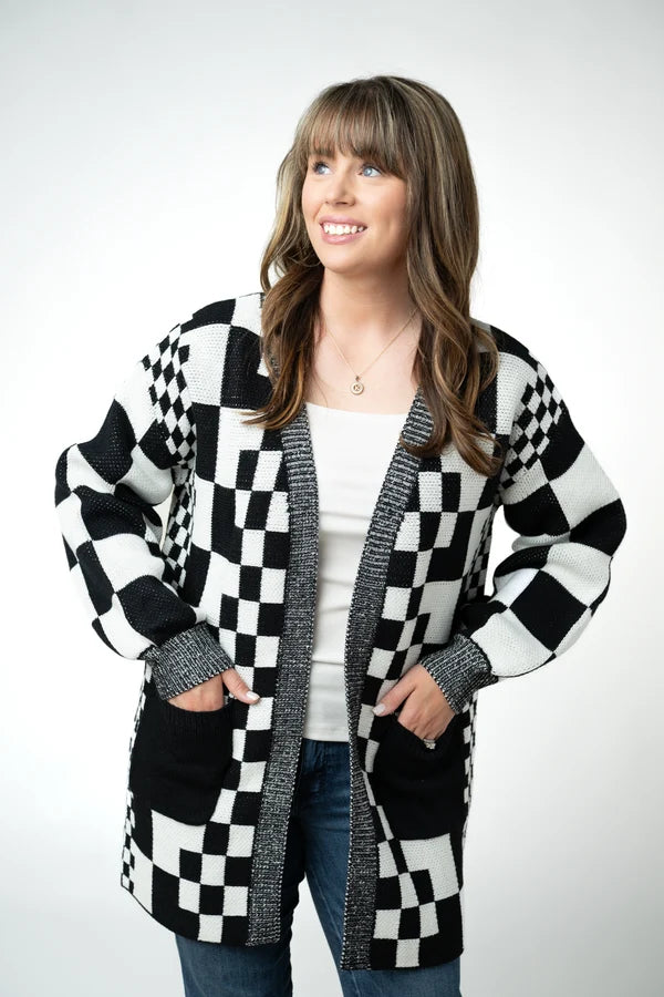 Checkered Pocket Cardigan - Black and White