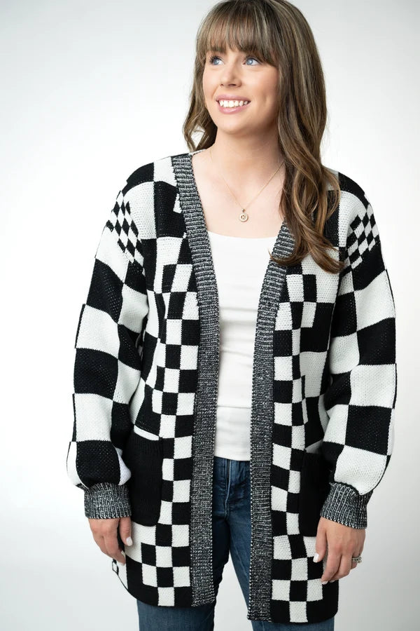 Checkered Pocket Cardigan - Black and White