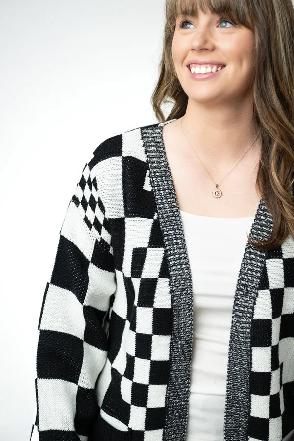 Checkered Pocket Cardigan - Black and White