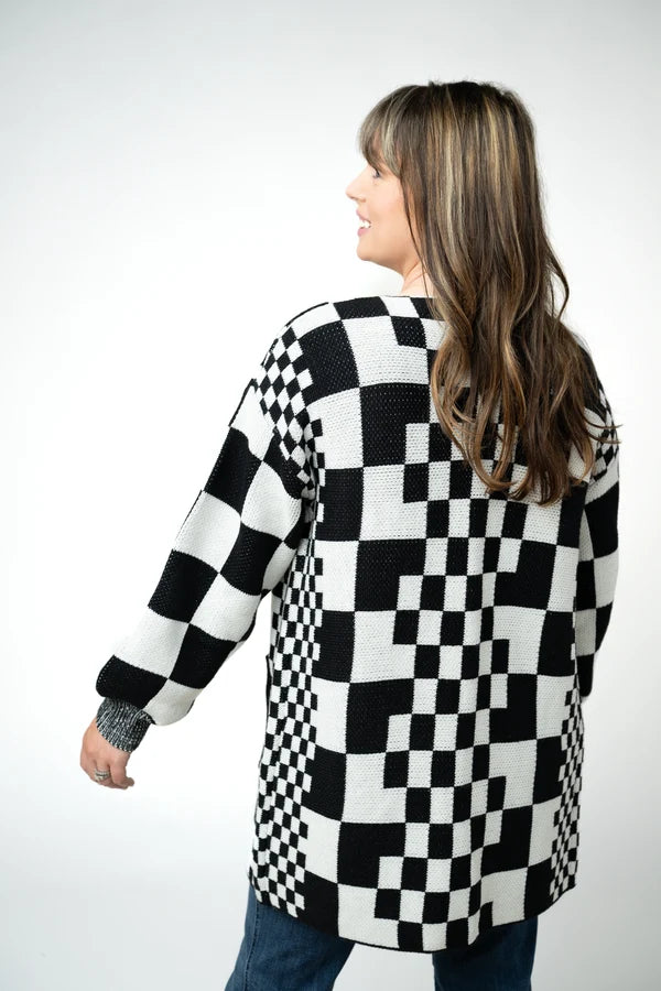 Checkered Pocket Cardigan - Black and White