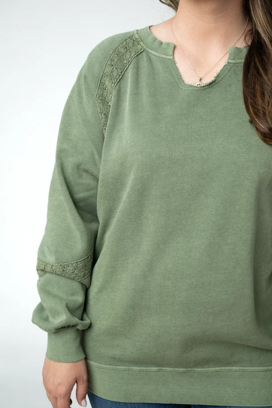 Lace Accent Vintage Wash Pullover - 5 Colors