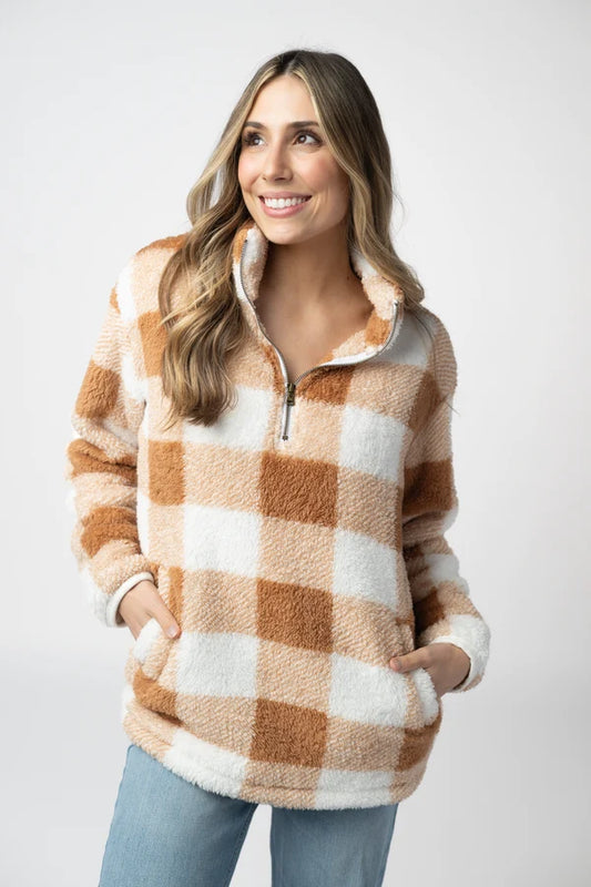 Sherpa Plaid Pullover - Camel