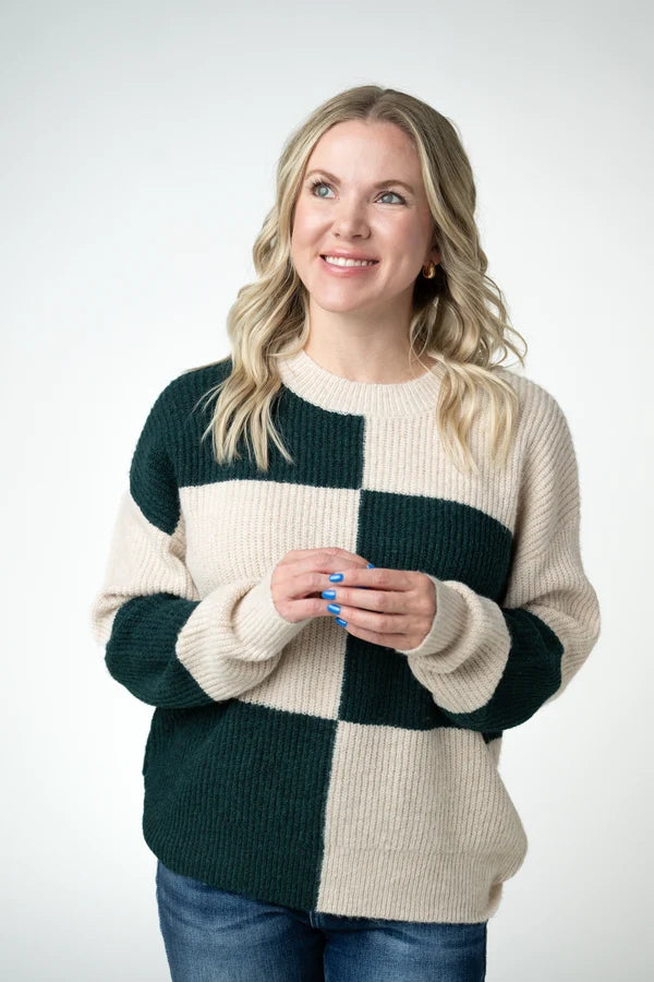 Checkered Block Sweater - Cream and Evergreen