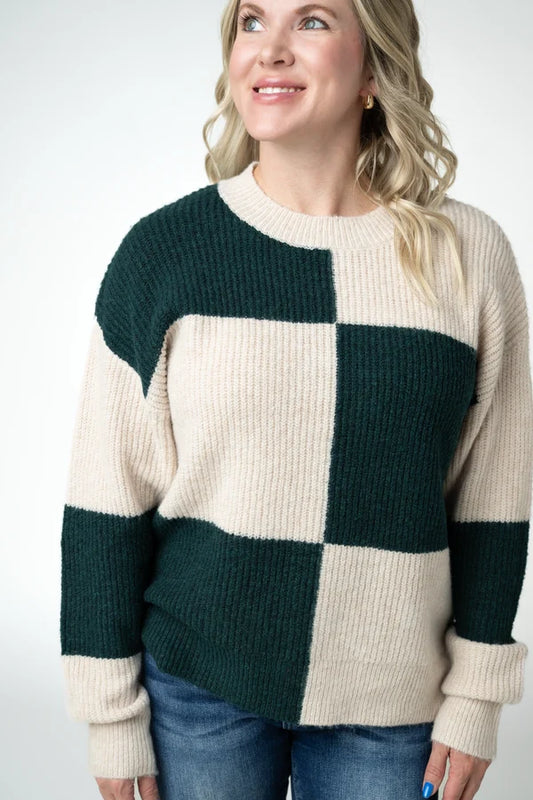Checkered Block Sweater - Cream and Evergreen