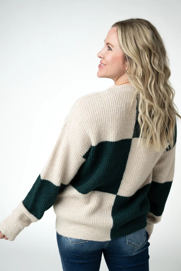 Checkered Block Sweater - Cream and Evergreen
