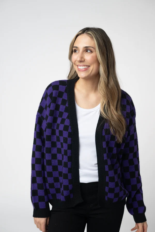 Micro Checkered Cardigan - Black and Purple