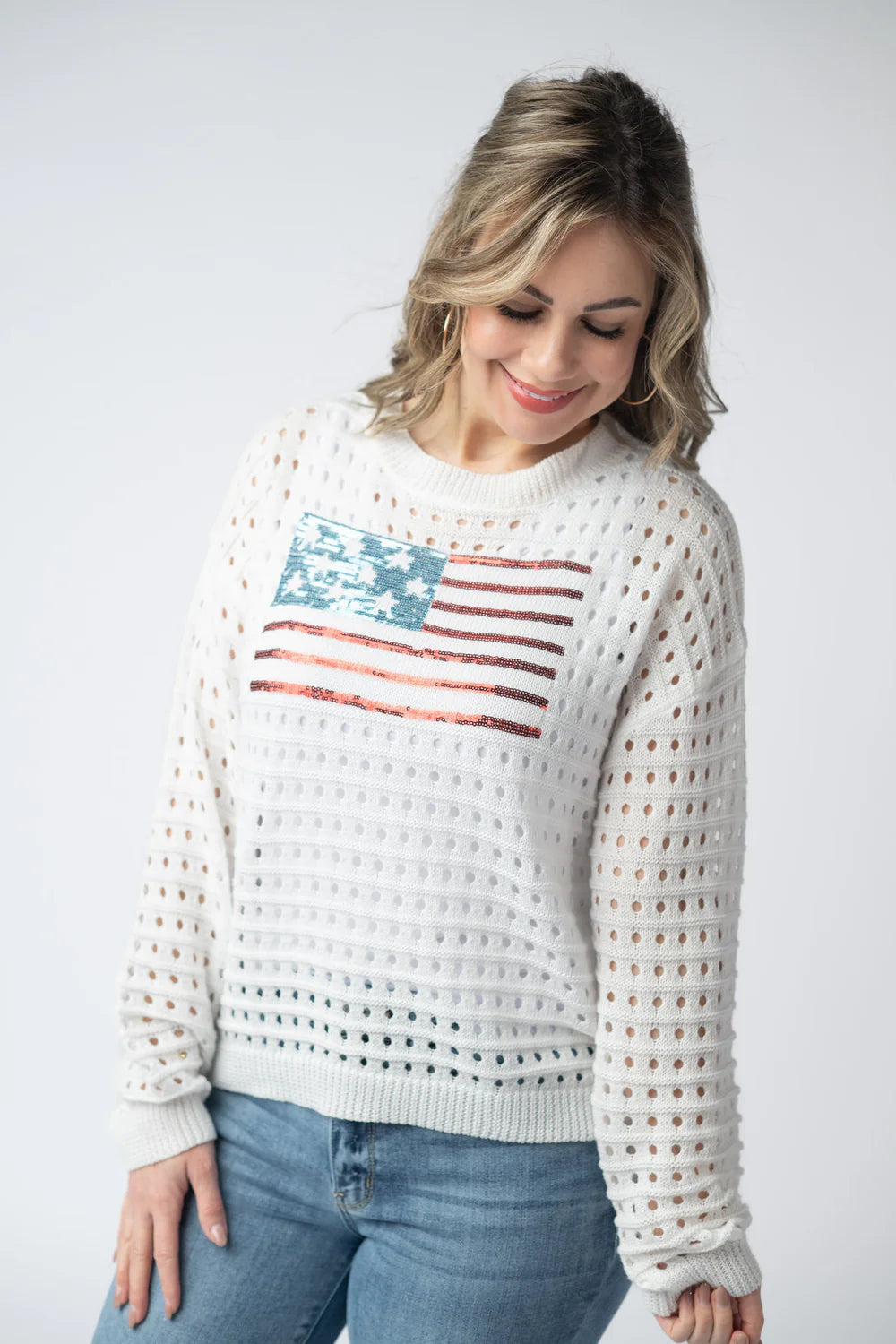USA Sequin Flag Open Knit Pullover *