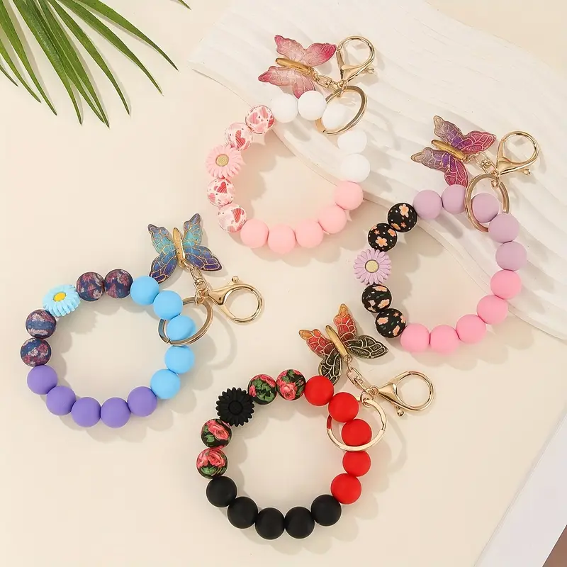 Silicone Bead Bracelet Keychain with Butterfly Charm