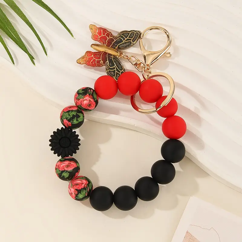 Silicone Bead Bracelet Keychain with Butterfly Charm