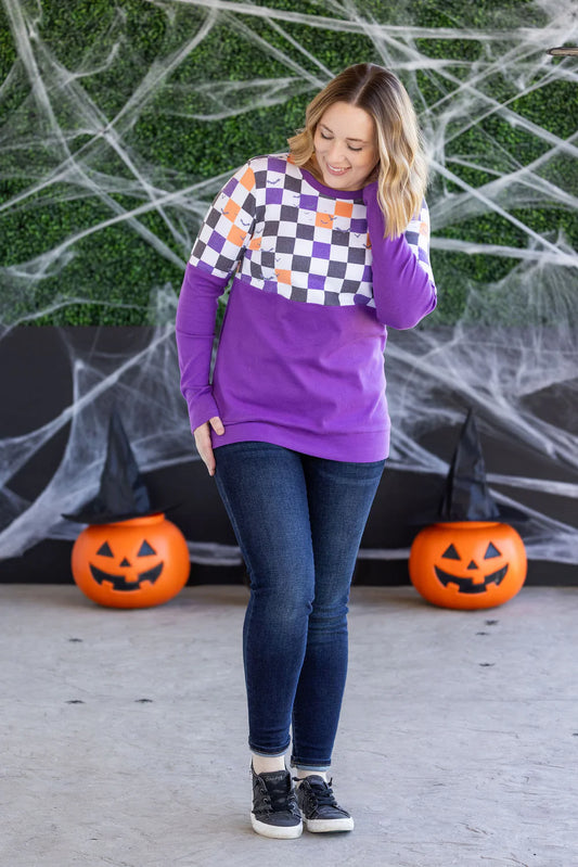 Natalie Pullover - Checkered Bats and Purple
