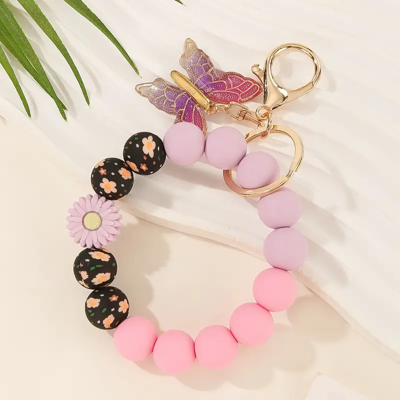 Silicone Bead Bracelet Keychain with Butterfly Charm