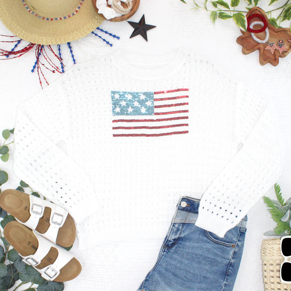 USA Sequin Flag Open Knit Pullover *