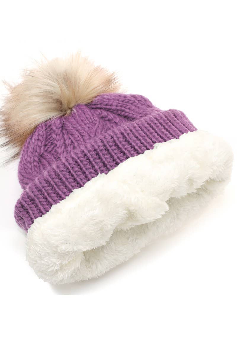 Women's Faux Fur Pom Beanie Hat with Sherpa Lining: Black
