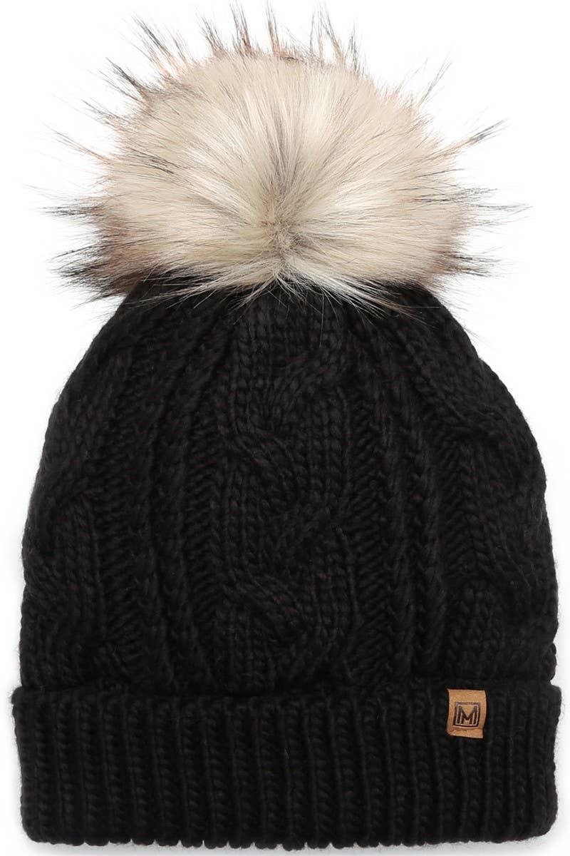 Women's Faux Fur Pom Beanie Hat with Sherpa Lining: Black