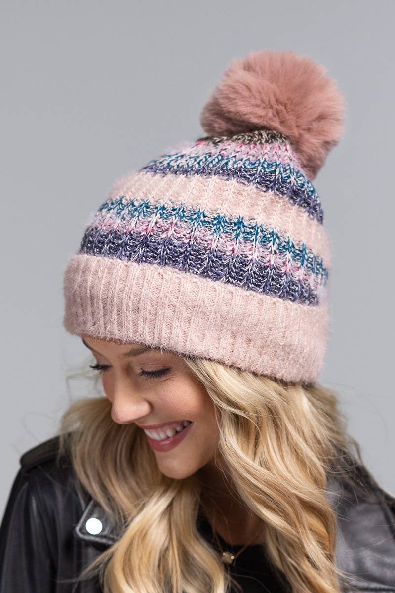 Metallic Striped Pompom Beanie (3 Color Options)