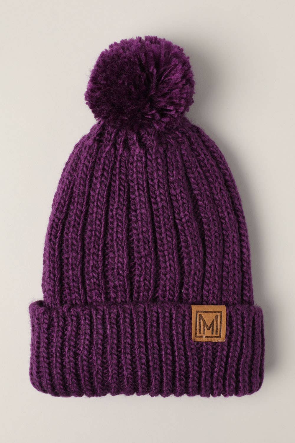 Winter Rib Knitted Sherpa Lined Pom Pom Beanie Hat: Purple