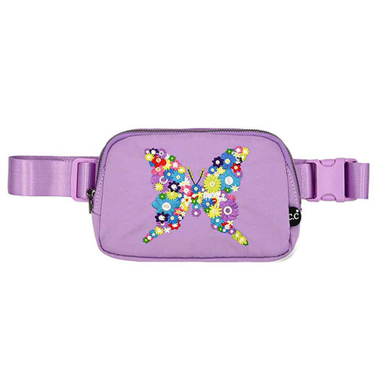 Butterfly-Shaped Flowers Embroidery Fanny Pack (Black & Purple)