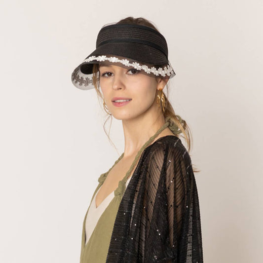 Straw Sun Visor with Floral Lace Decoration (Ivy)