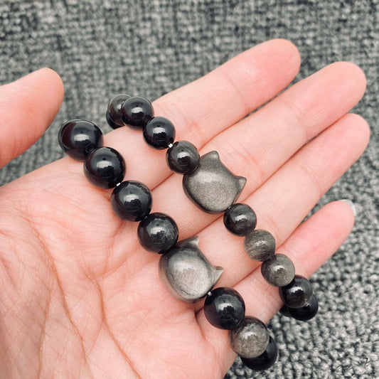 Silver Obsidian Beaded Cat Head Bracelet (Single Bracelet)