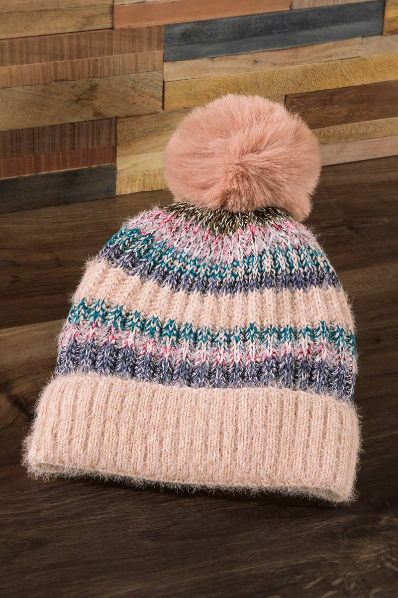 Metallic Striped Pompom Beanie (3 Color Options)