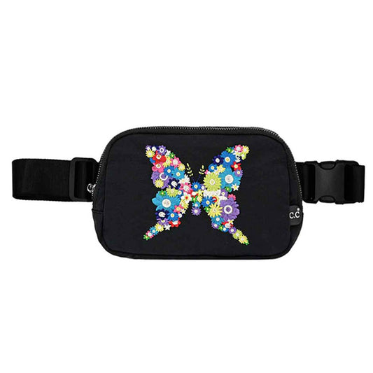 Butterfly-Shaped Flowers Embroidery Fanny Pack (Black & Purple)