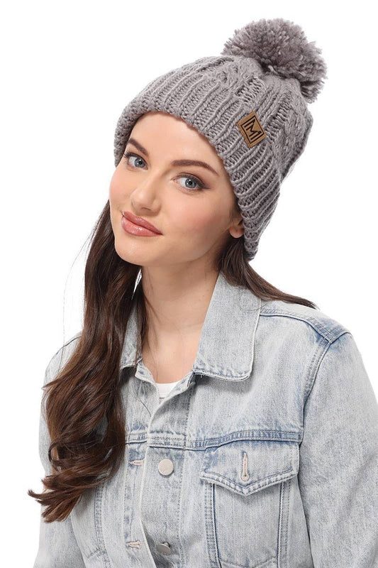 Winter Cable Knit Beanie Hat with Fleece Lining: Grey