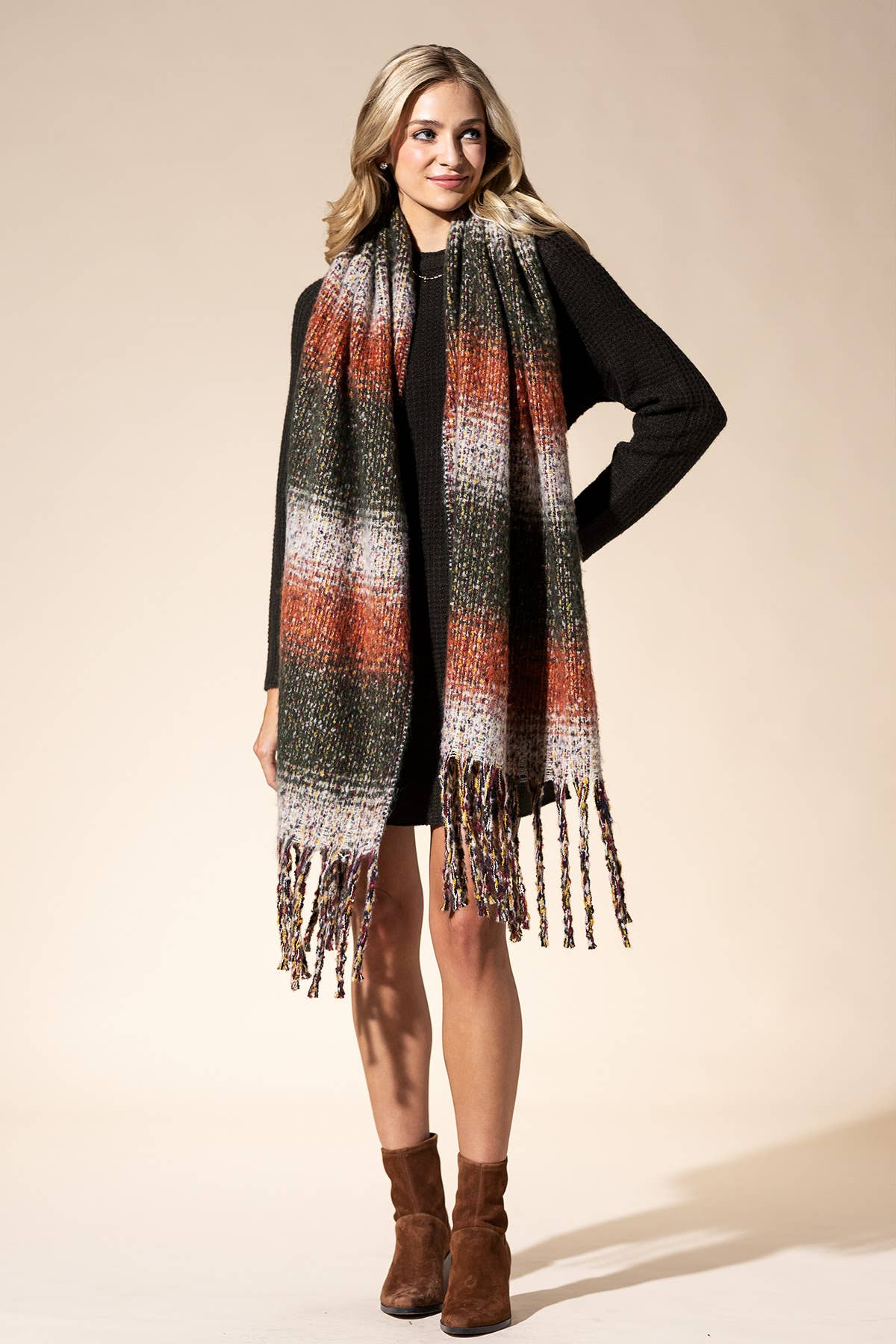 Plush Plaid Brushed Oblong Scarf: RUST